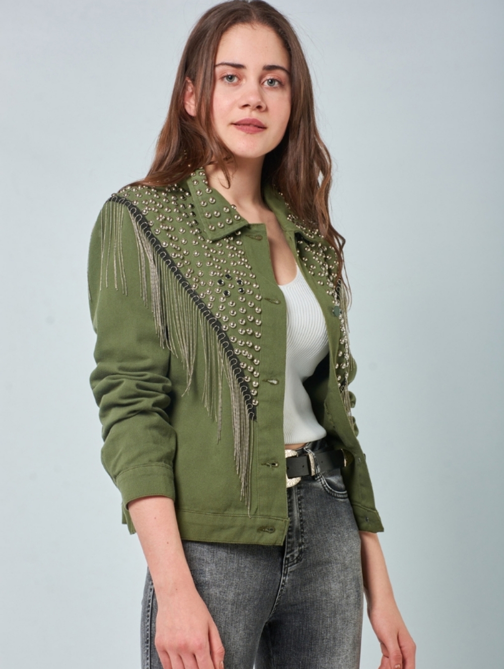 🤠🦄 Day G Olive Green Studded Fringe Denim Western Jacket Button Up